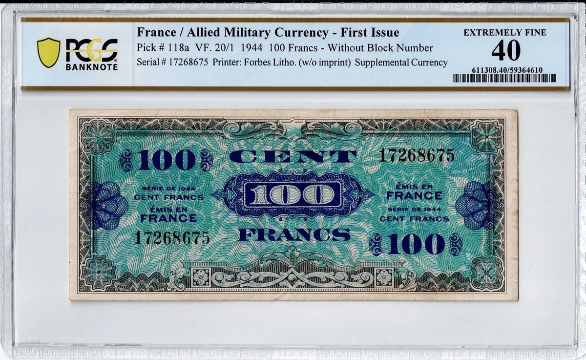 Circulated 1944 Year Military Currency French Paper Money for sale
