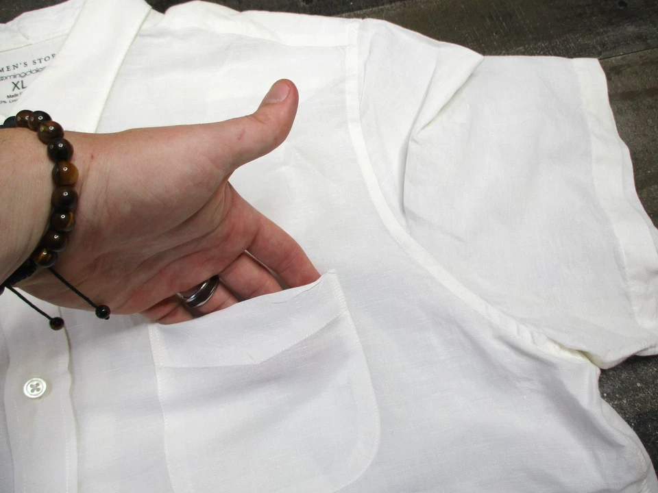 Bloomingdales Shirt Mens XL White Linen Cotton Short Sleeve Button Down - Image 4 of 4