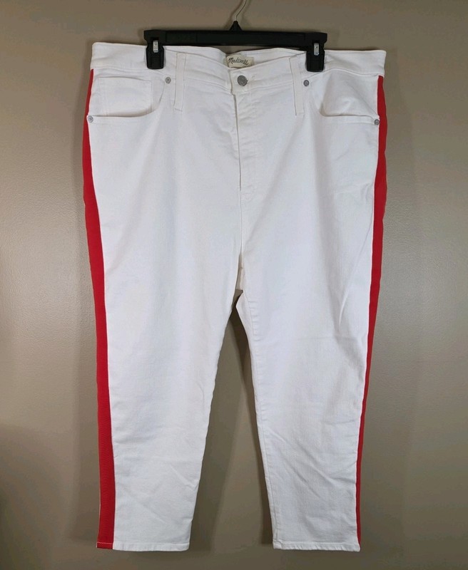 Madewell Jeans Women 35 Petite White Denim Slim Straight Red Side Stripe NWT 