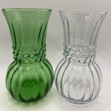 2 Vtg MCM 6.25” Swirl Glass Vases, 1 Green, 1 Clear, Anchor Hocking Or Indiana?