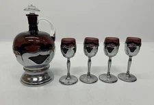 Vtg Farber Bros Set Krome Kraft Amethyst Glass Decanter Bottle 4 Cordial Glasses