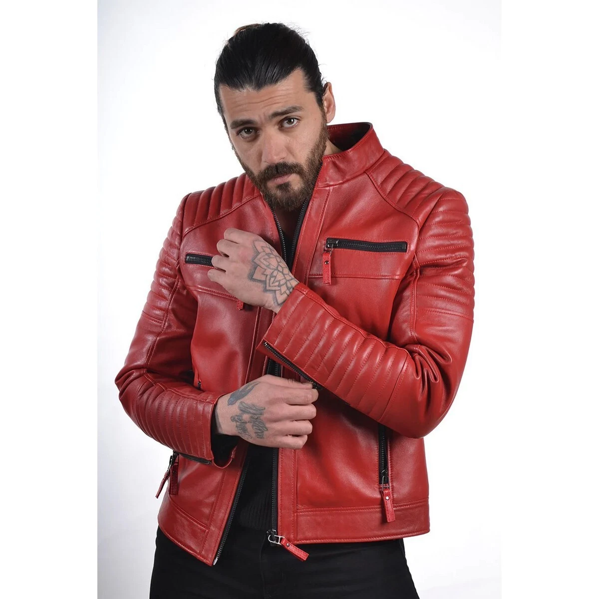 HOT! New Men's Red Leather Jacket 100% Real Lambskin Moto Biker Coat Jacket