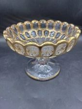 Vintage Fenton Thumbprint Compote Pedestal Bowl Dish Clear Gold Accents 