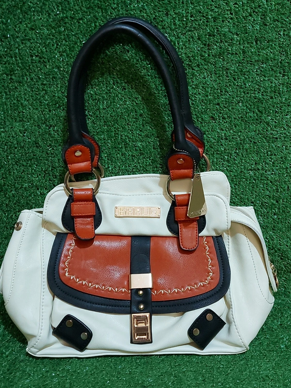 Leather KRRUG Designer Handbag Top Handle Medium Size Black Brown Cream VGC