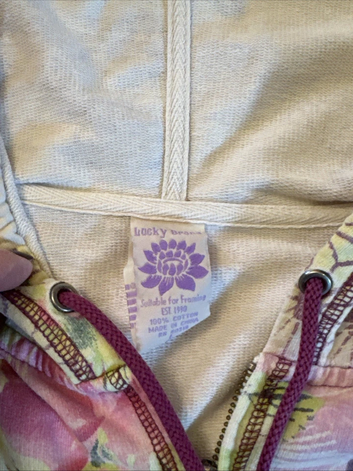 Y2K 00s-AOP-lucky brand-Cotton Sweatshirt hoodie zipup hippie-Floral-Boho-L - Image 2 of 4