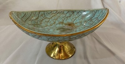 VTG  Delftware Aqua Turquoise Gold Veined Ceramic & Brass Pedestal Dish Candy