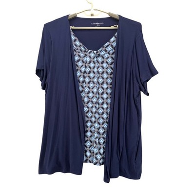 Croft and Barrow Woman Faux Twin Set Size 2X Navy Artsy Artistic Eclectic Casual
