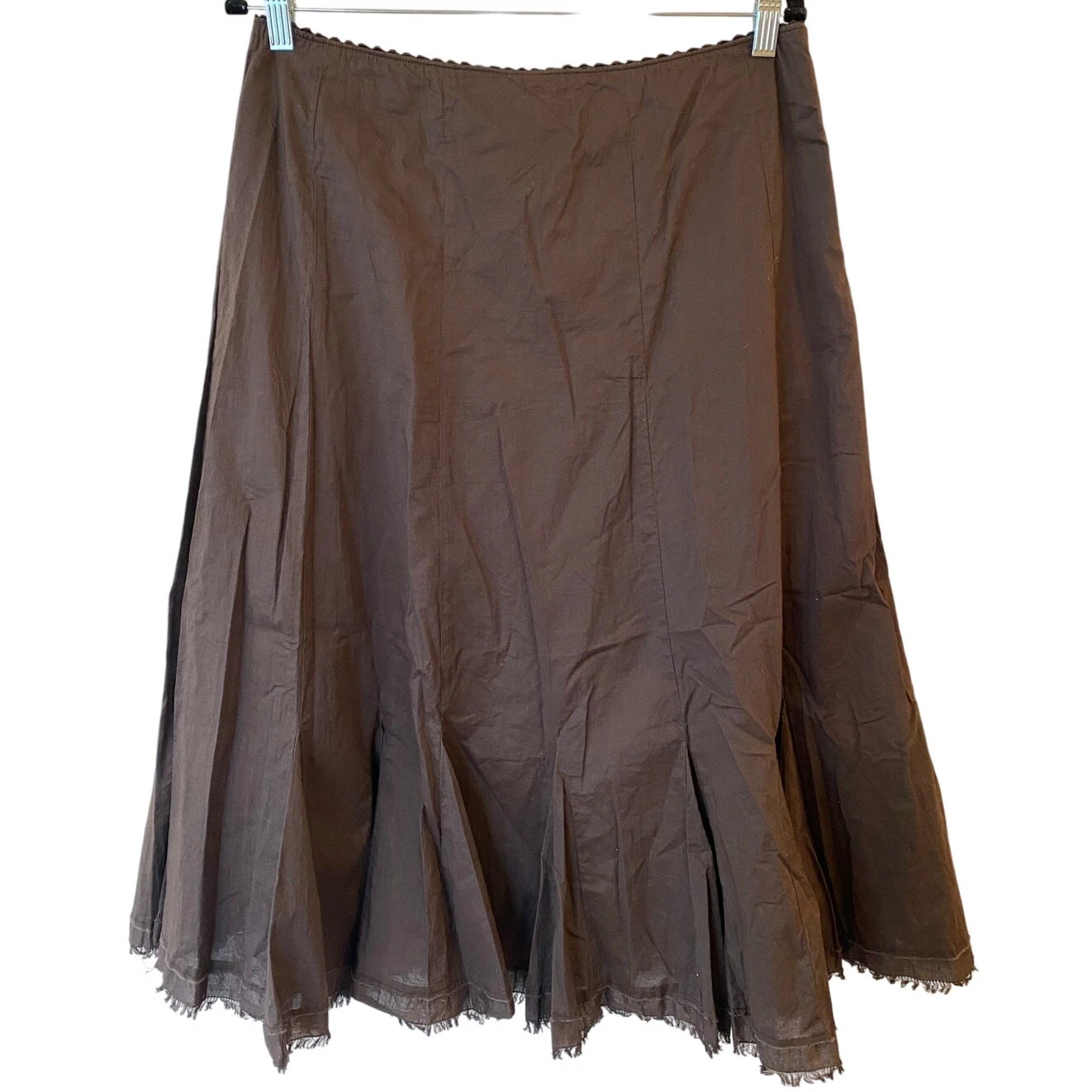 Eddie Bauer Pull On Pleated A-Line Skirt Fray Hem Brown Women's Medium Petite