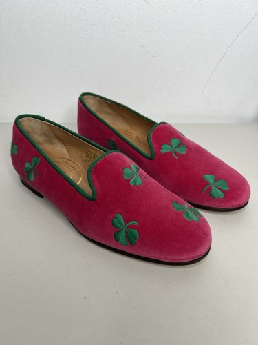 Stubbs & Wootton Red Velvet Loafer Embroidered Shamrock Clover Women’s Size 8