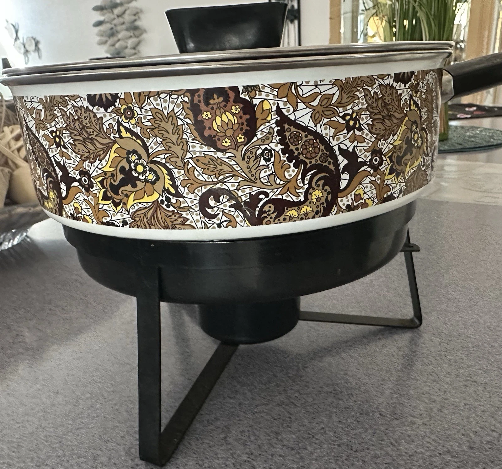 Vintage Enamel Fancipans Brown & Gold Paisley Pattern Fondue Set From 1970’s