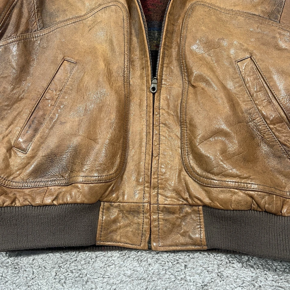 Chaqueta de cuero bombardero forrada con manta azteca marrón contexto vintage años 80 para hombre mediana Foto 3 de 4