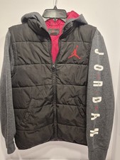 Jordan Boys Hooded Puffer Jacket Black Gray Red Full Zip Logo L/G 12-13 YRS