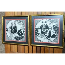 Pair Framed Asian Panda Paper Art Chinese Folk Wall Decor