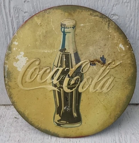 Vintage Weathered 1990 Coca Cola Button 12” Advertisement Sign In Heavy Metal