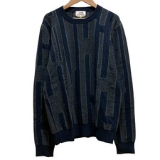 HERMES H-pattern cashmere knit sweater, size M, navy and gray mens USED