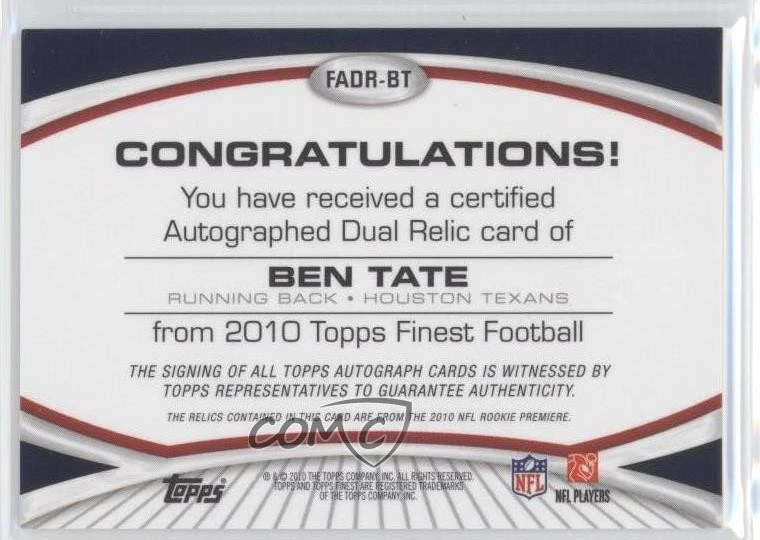 2010 Topps Finest Auto Dual Relic /110 Ben Tate #FADR-BT Rookie Auto RC - Image 2 of 2