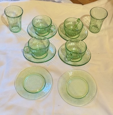 Hazel Atlas Uranium Green Depression Glass Tea Set 12 Pc Cups Tumblers Plates