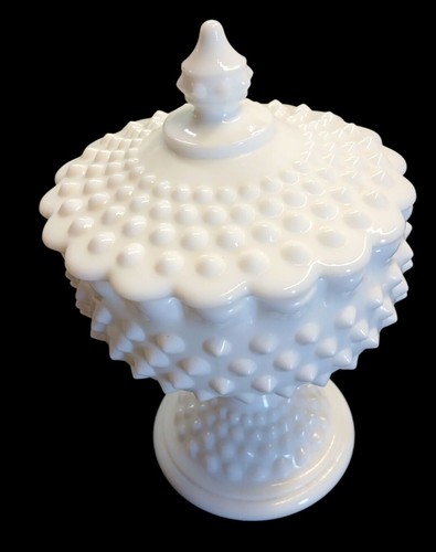 Hobnail Milk Glass Pedestal Candy Dish Bowl With Lid PM08 K - Picture 3 of 9