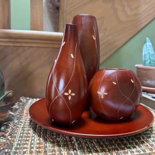 Set of 3 Wooden Vases Floral Etched on Plate MCM BoHo Centerpiece - Picture 3 of 9