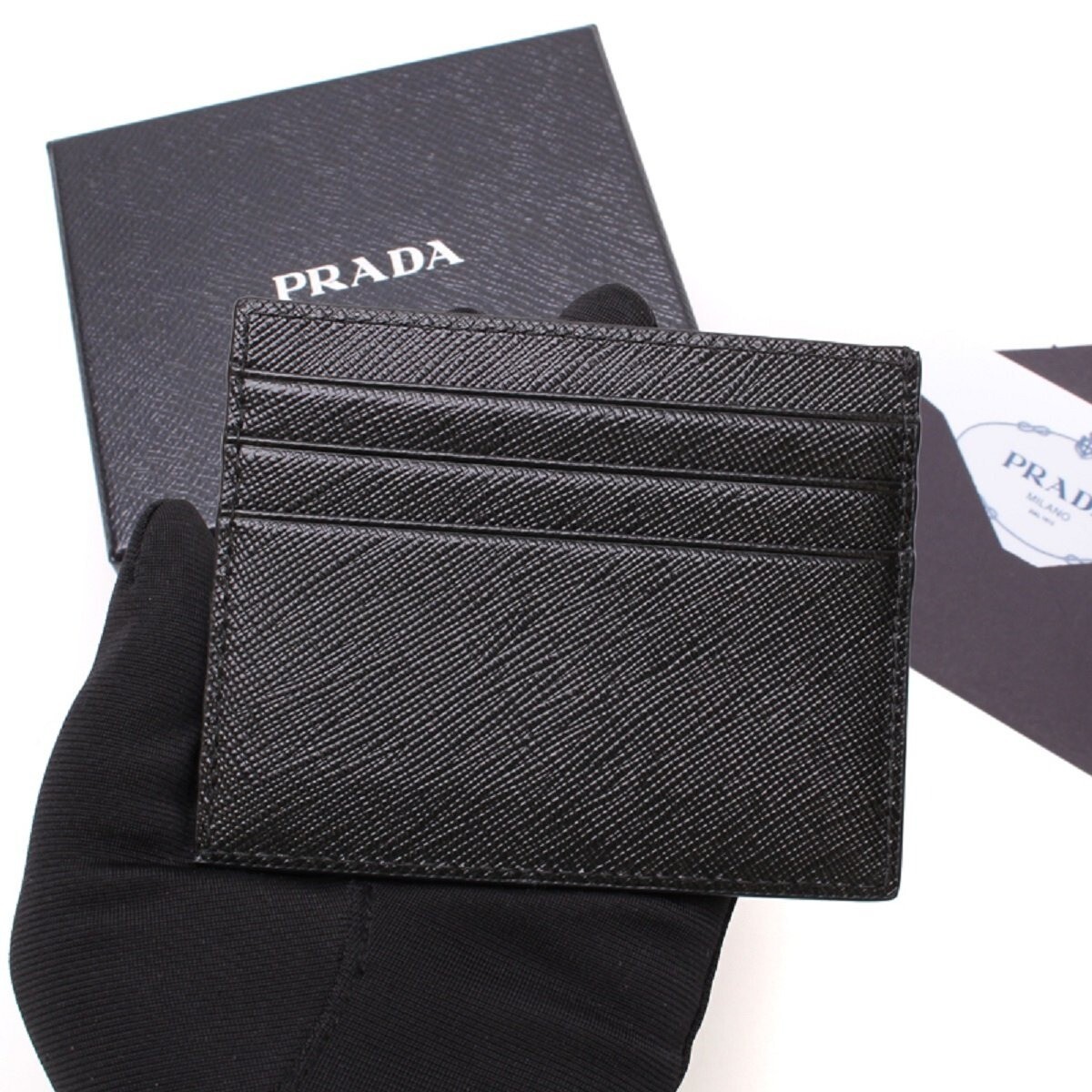 Prada Saffiano Nero Black - Gray Card Holder Silver Logo Prada Saffiano Nero Black - Gray Card Holder Silver Logo
