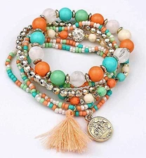 Dazzling BOHO Pastel Bead TASSEL Color Blended Dangle 6 Pc Bohemian Bracelet