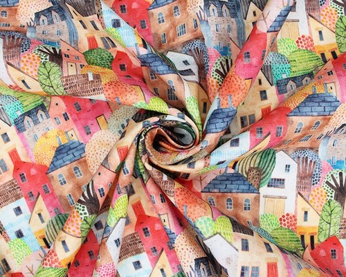 Cotton Fabric - Multi Colour Town Houses Print - Craft Fabric Material Metre - Picture 5 of 6