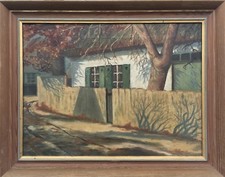Quadro a Olio Schatten An Der Muro Casa Rustica Antico Um 1920 38 X 48 CM