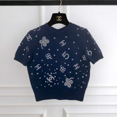 CHANEL 23P ICON MOTIF SHORT SLEEVE CACHEMIRE KNITWEAR NAVY FR36 - Photo 1/4