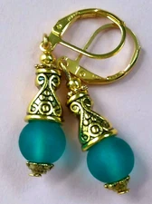 teal green BEACH FROSTED GLASS drop earring GP HANDCRAFTED XX