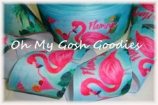 3" DESIGNER BLUE FLIRTY FLAMINGO GROSGRAIN TROPICAL RIBBON OH MY GOSH GOODIES
