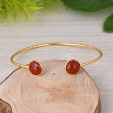 925 Silver Gold Plated Women Cuff Bangle Jewelry Gift With Red Onyx Gemstone