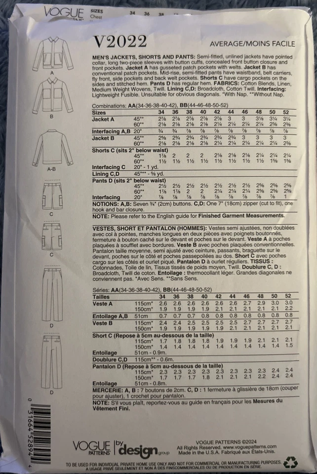 New Vogue Men Cargo style Jacket, Pants & Shorts Pattern  Size 34-42 - Image 2 of 2