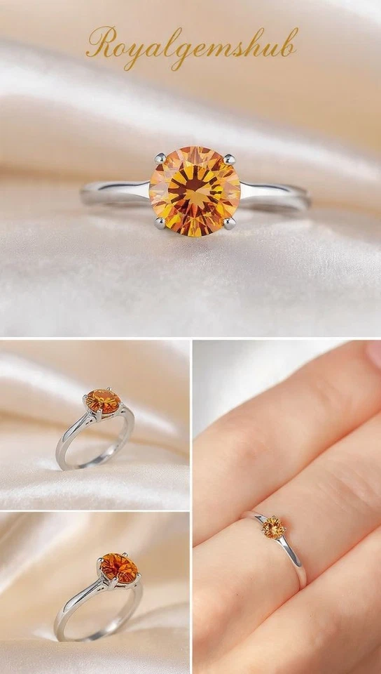 💍 Anillo de diamantes naturales de color naranja de corte redondo de 2 quilates en banda de plata de ley 925 Foto 4 de 4