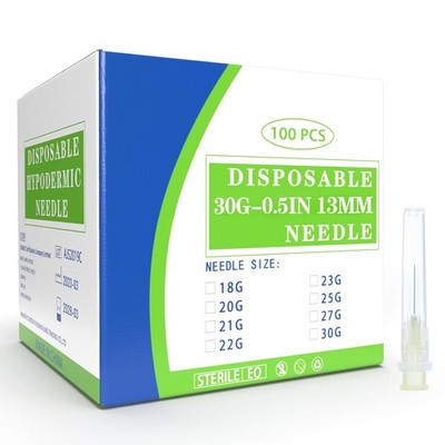 100 Pack 30 Ga 1/2 inch Disposable Needles with Caps for 30G 
