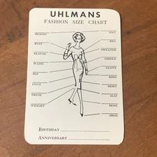 Vintage Uhlmans Advertising Card Pocket Fashion Size Chart Women Clothing Store