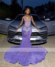 Purple Crystal Sequins Prom Dress For Black Girls Mermaid Style Lilac Party Gown