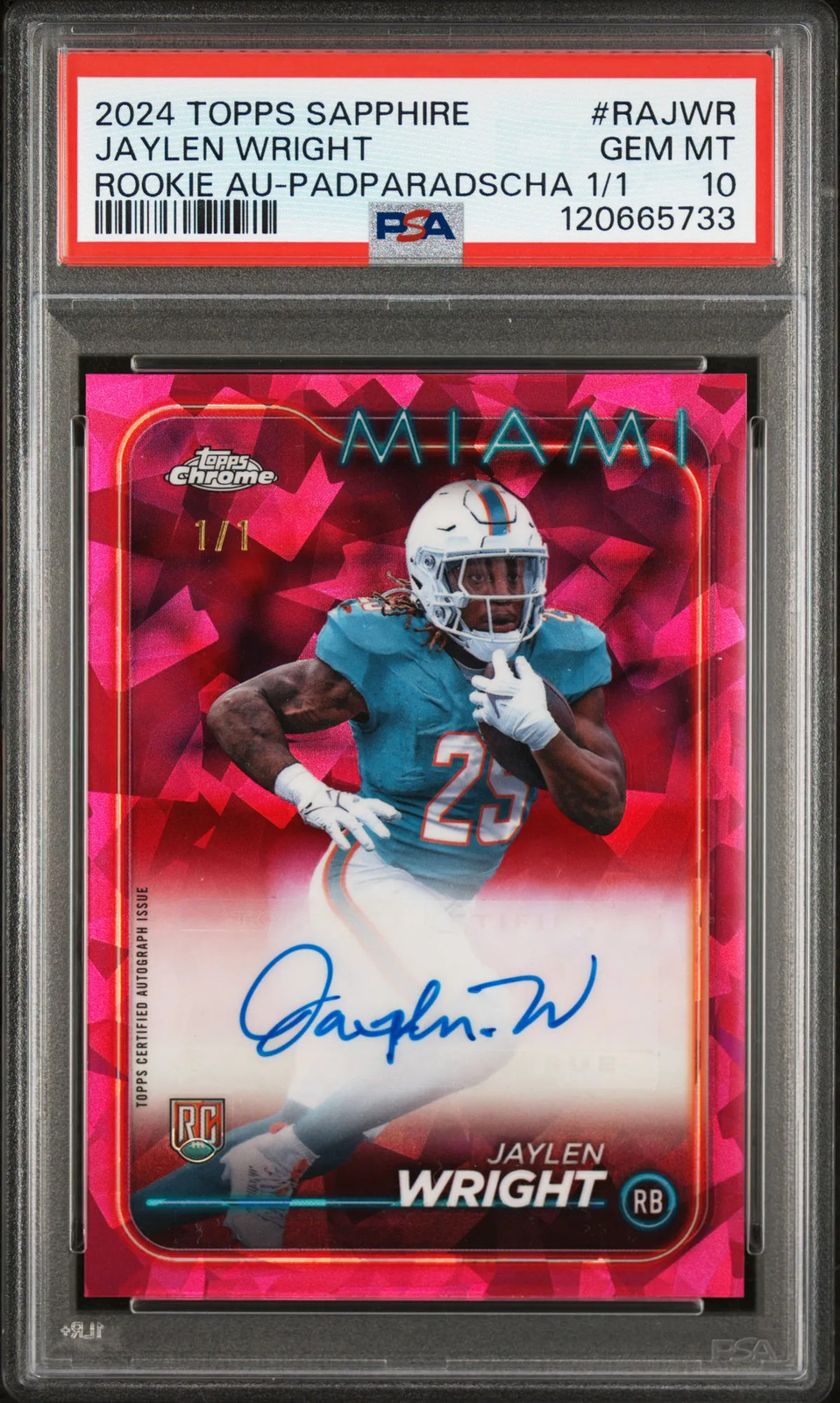 Jaylen Wright 2024 Topps Chrome Sapphire Auto #RAJWR Padparadscha 1/1 PSA 10