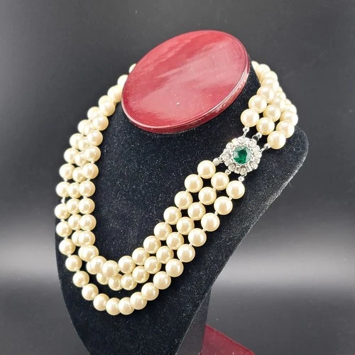 AS IS Vtg 3 Strand Choker Necklace CAROLEE Faux Pearls Rhinestones Clasp Jewelry