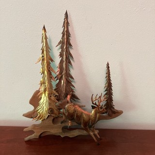 MCM Vtg Rustic Metal Wood Deer Forest Wall Art Copper Cabin 3D Decor 15"