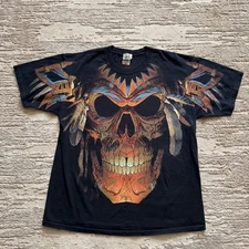 Vintage Liquid Blue Big Skull Totem Pole Native American Style Tee Men’s XL AOP