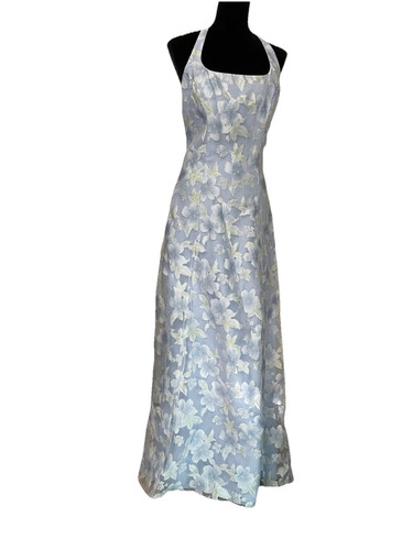Alfred Angelo Blue & White Floral Crepe Halter Gown SZ 8 - Picture 1 of 10