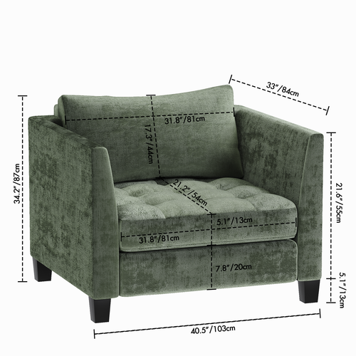 Single Sofa Chenille Modular Lounge Couch Armchair with Large Cushion Green - Picture 2 of 6