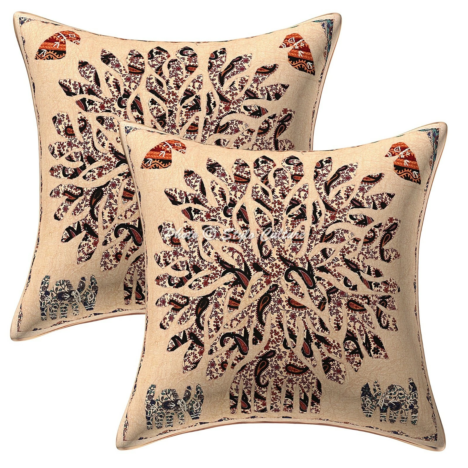 Ethnic Cushion Covers Beige 16 x 16 Applique Cotton Tree Of Life Throw Pillows