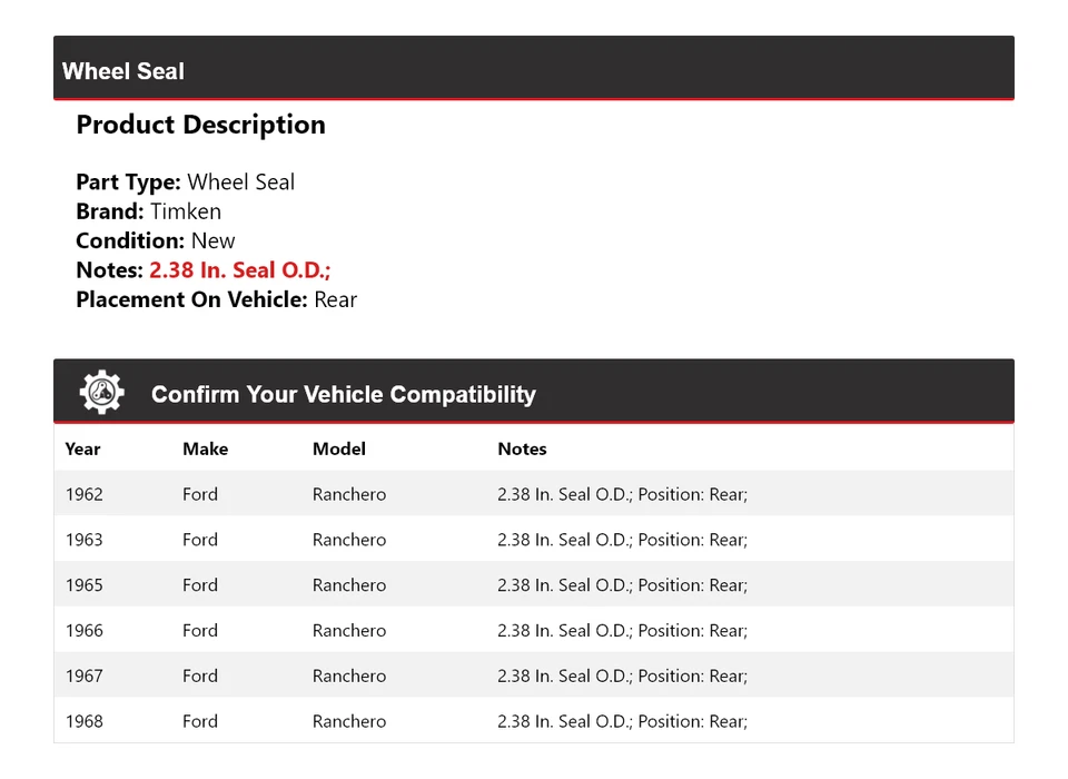 Sello de rueda trasero Timken para Ford Ranchero 1962-1963, 1965-1968 Foto 2 de 4