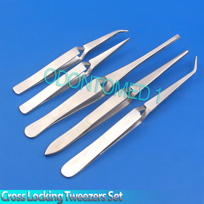 Cross Locking Tweezers Set 5 Cross Lock Soldering Self Closing Straight & Bent
