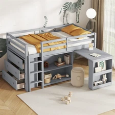 Twin Size Loft Bed with Drawer Cabinet, Shelf Cabinet & Pulling -Out Desk Gray