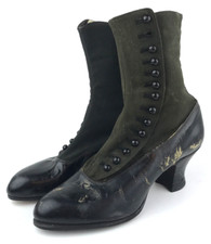 Antique Womens Ladies Button Up Boots Shoes High Heel Leather Canvas Mismatched
