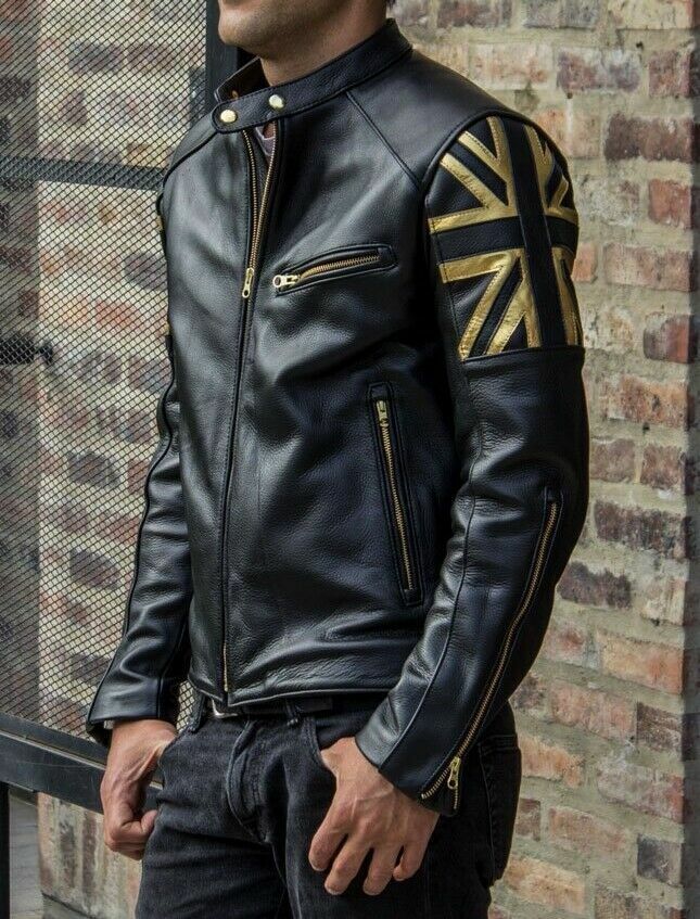 Mens Biker Vintage Motorcycle Black & Gold Cafe Racer UK Mens Biker Vintage Motorcycle Black & Gold Cafe Racer UK