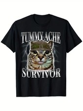 Funny Cat Meme "Tummy Ache Survivor" Sarcastic Humor T-Shirt for Men  Women, 10