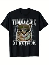 Funny Cat Meme "Tummy Ache Survivor" Sarcastic Humor T-Shirt for Men & Women, 10